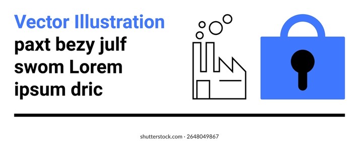 Modern factory icon with chimneys, bubbles, and a blue security padlock. Placeholder text on the left in black font. Ideal for technology, security, industry, manufacturing, data protection