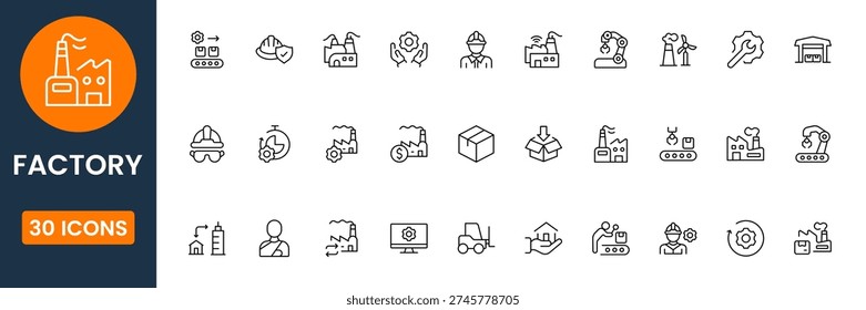Modern factory icon set vector collection with industrial plant, manufacturing process and production symbols flat design
