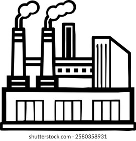 modern factory icon with sleek architecture and chimneys. futuristic industrial design with metallic textures and conveyor belts. professional vector icon of a modern factory with robotic arms