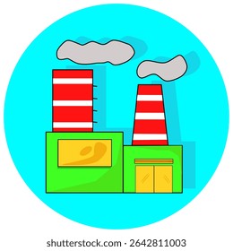 Modern factory illustration vector with a red and green color combination, featuring three chimneys. Suitable for industry, manufacturing, and sustainability themes.