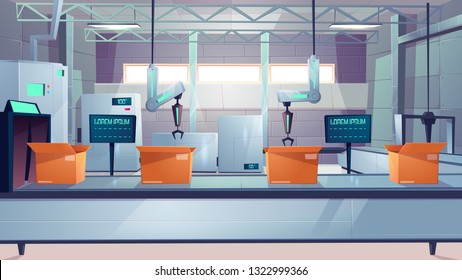 Modern factory or plant robotized production shop, delivery service packaging line room interior cartoon vector. Robotic hands packing production products in cardboard boxes on conveyor illustration