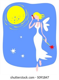 The modern fairy with a magic wand and phone on a background of the moon.