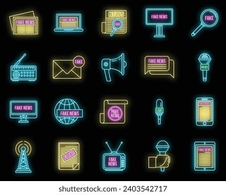 Modern fake news icons set. Outline set of modern fake news vector icons neon color on black