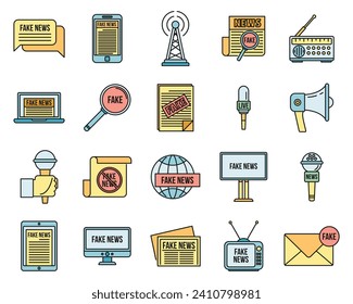 Modern fake news icons set. Outline set of modern fake news vector icons thin line color flat on white