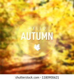 Modern fall background. Blurred forest in sunny day. Golden coloured trees. Hello autumn greeting card with maple leaf and  bokeh lights. Defocused vector illustration background.