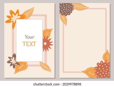 Plantilla de tarjeta botánica de otoño moderna con flores y hojas dibujadas a mano. Cute tarjetas de follaje de otoño con espacio para texto. Ilustración vectorial de dibujos animados para invitaciones a fiestas, páginas de cuadernos, libro de recortes, etc.