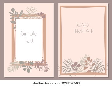 Modern fall botanical card template with tropical branches and leaves. Exotic foliage cards with space for text. Flat vector illustration for wedding invitations, notebook pages, scrapbook etc. 
