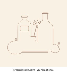 Modern fall holiday décor with pumpkin and vase. Single line fall vector modern illustration