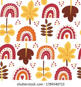 Modern fall seamless pattern with rainbow and leaves. Botany design for wrapping paper, fabrics, covers and cards. Vector illustration.