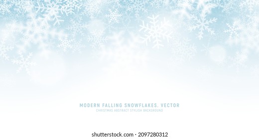 Modern Falling Snowflakes Elegant Vector Light Blue Abstract Background. Soft White Snow Stylish Christmas Border. Winter Season Decoration Snowfall And Blizzard Effect Wide Empty Classy Art Wallpaper