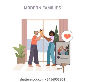 Modern Families concept. Joyful parents with baby, shared moments captured online. Love transcends through digital connection.