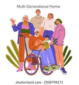 Concepto de Familias Modernas. Una familia multigeneracional posa junta, mostrando diversidad y unidad. Retrato inclusivo de parientes de diferentes edades. Ilustración vectorial.