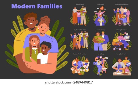 Modern Families set. Diverse family structures and home activities. Blended, single parent, multi-generational, gay parents, adoptive, work from home scenarios. Vector illustration.