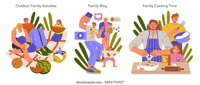 Modern Families set. Illustrates leisure moments with sports, social media interaction, and home cooking. Engaged parenting and lifestyle. Vector illustration.