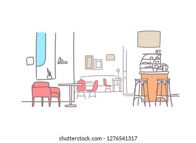 modern family cafe interior empty restaurant room furniture sketch doodle horizontal