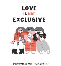 Modern Family In Cinema Watching Movie. Three Lovers On Romantic Date. Polygamy And Bisexuality, Happy Open Relationship Concept. LGBT Rights, Pride Vector Flat Lettering Wishes Card.