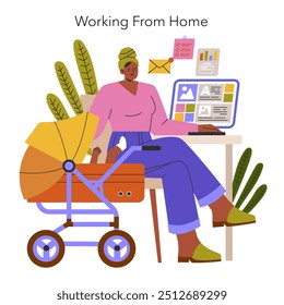 Concepto de familia moderna. Un padre combina el cuidado infantil con el trabajo remoto en un entorno de oficina en el hogar. Equilibrio entre vida laboral y personal en la vida contemporánea. Ilustración vectorial.