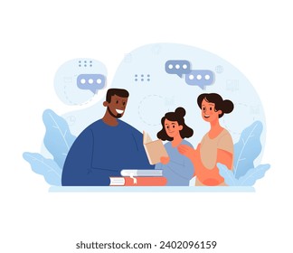 Modern Family Concept. Stepfather, mother, and child share a loving moment over books, emphasizing blended families and new beginnings. Unity in diversity. Flat vector illustration.