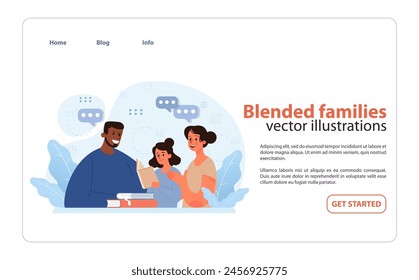 Modern Family Concept. Stepfather, mother, and child share a loving moment over books, emphasizing blended families and new beginnings. Unity in diversity. Flat vector illustration.