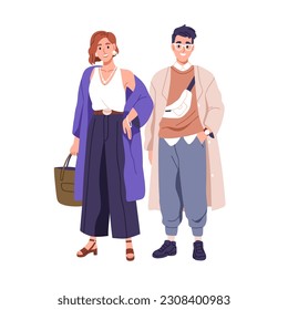 Modern family couple in stylish outfits, apparels. Happy fashion man and woman partners wearing clothes in trendy chic classy style. Flat graphic vector illustration isolated on white background