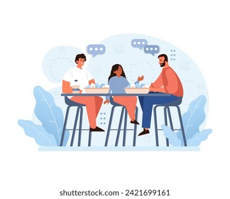Modern Family Dynamics Concept. Two loving dads enjoy a meal with their daughter, representing diverse family structures. Embracing love and inclusivity. Flat vector illustration.