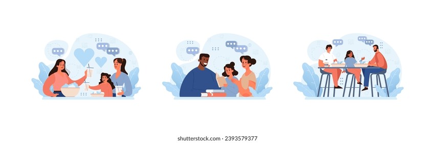 Modern Family Dynamics set. A gay couple celebrates love, a step-parent bonds with a child, and another gay couple enjoys dinner with their daughter. Exploring diverse family units. Flat vector.