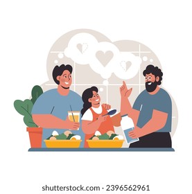 Modern Family Dynamics. Two loving men prepare a meal with their joyful daughter, reflecting the everyday beauty and strength of gay couples raising children. Kitchen moments. Flat vector.
