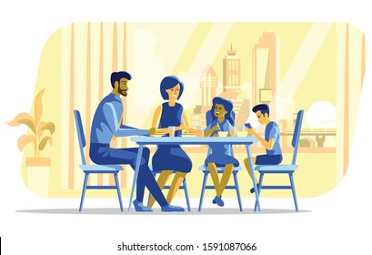 A Modern Family Of Father, Mother, Daughter And Son Having Breakfast While The Latter Is Busy With His Phone.