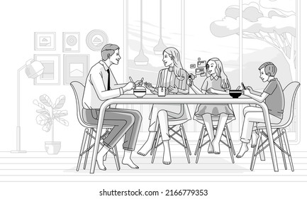 Modern family father, mother, son and daughter having breakfast at table at home, line style, black and white color. can editable color