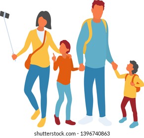 Modern family of four taking group photo using selfie stick. Mother father and two kids siteseeing traveling together or on walk in the park or mall. Isolated on white background vector characters