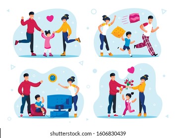 Modern Family Happy Life and Daily Activities Trendy Flat Vector Concepts Set. Parents with Children Riding Roller-Skates, Buying Ice-Cream and Flowers for Loved Ones, Playing Video Games Illustration