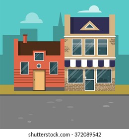 Modern family home on the background of the city and shop. Flat design vector illustration concept.