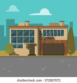 Modern family house with garage on beautiful nature background. Flat design vector illustration concept.