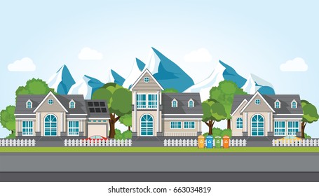 Modern family house on mountain against the blue sky background, Village landscape, real estate Vector illustration in flat style.