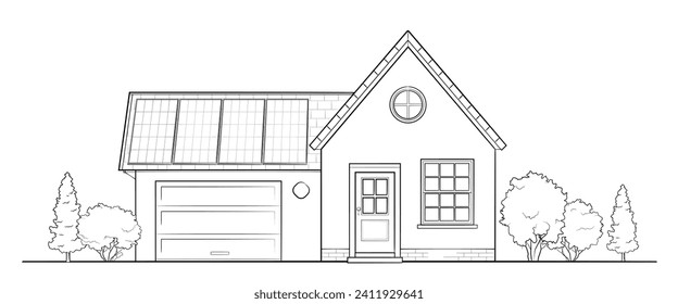 Modern family house with solar panel - stock outline illustration of a building