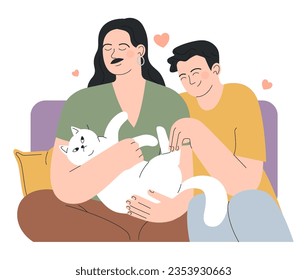 Modern family idea. Happy queer nonbinary couple staying home together sitting on the couch holding their white cat. Family leisure time. Flat vector illustration