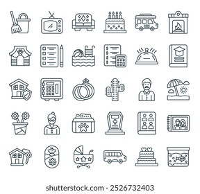 modern family life icon pack. perfect for linear ui designs featuring vector fish tank, wedding cake, family car, stroller, child and more icons.