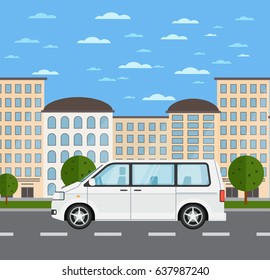 Modern family minivan in urban landscape. Comfortable minibus, family van, people transportation concept. City street road traffic vector illustration, cityscape background with skyscrapers.