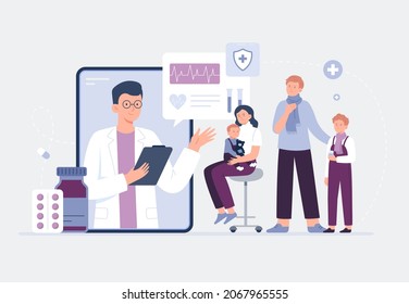 Modern family on online consultation with a doctor. Online medical services, consultation and telemedicine concept. Vector flat illustration.
