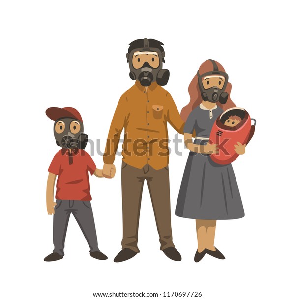 ガスマスクを着た現代の家族 親 子ども 環境問題 大気汚染 平らなベクターイラスト 白い背景に のベクター画像素材 ロイヤリティフリー