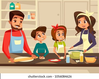 Modern family together cooking at kitchen vector cartoon flat illustration. Happy European Caucasian family preparing meal food at kitchen of happy father and mother with daughter and son children