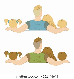 Modern family watching tv. Color variations. Vector illustration.