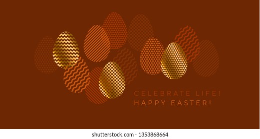 Modern fancy textured Easter egg set in natural colors and gold. Spring eggs set in trendy geometric style for surface design, card, invitation, web and print projects. vector illustration.