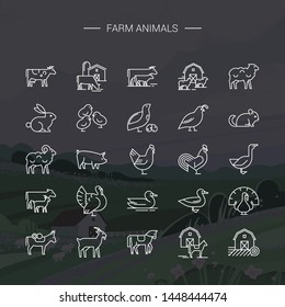 Modern farm animals symbols linear icons set of 25 icons drawn in vector and isolated on background vector illustration of the village with house, mountains, and plants.