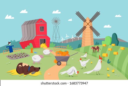 Modern farm with cute animals flat design cartoon vector illustration background. Rural landscape with green fields, sheaves of hay, elevator, mill, cart with pumpkins. Farming and agriculture concept
