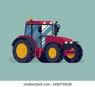 Modern farm field compact tractor vector agricultural design element. Farming heavy machinery vehicle. Four wheel drive tractor in flat design