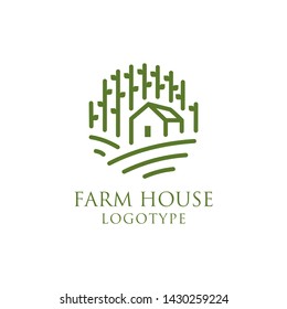Modern Farm House concept logo. Template with farm landscape. Label for natural farm products. Green logotype isolated on white background. Vector illustration.