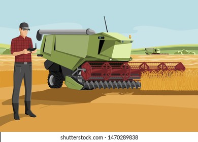 Modern farmer with autonomous harvester on a smart farm. Vector illustration EPS 10