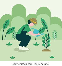 Modern Farmer Gardener Take Care of Plant Illustration