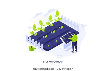 Modern farmer predicting potential risks for harvest. Agricultural technology. Erosion control concept isometric vector illustration. Man using computer at farm cartoon character colour composition